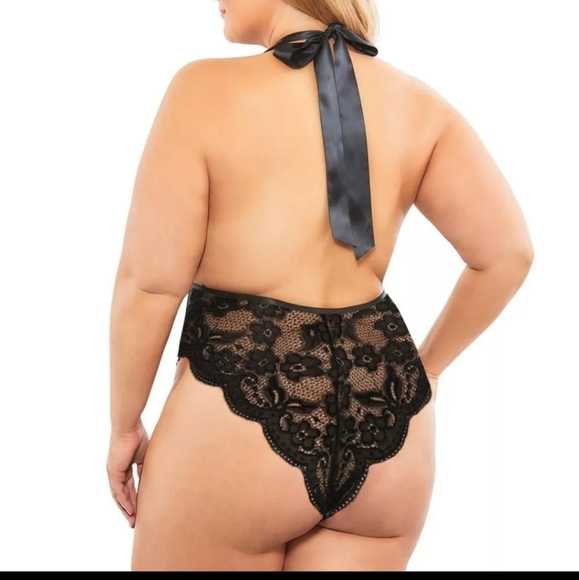 LAST ONE Lace Deep V-Neck Teddy Halter Lingerie sz Large - Picture 2 of 3